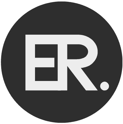 White letters "ER." on a black circular background.